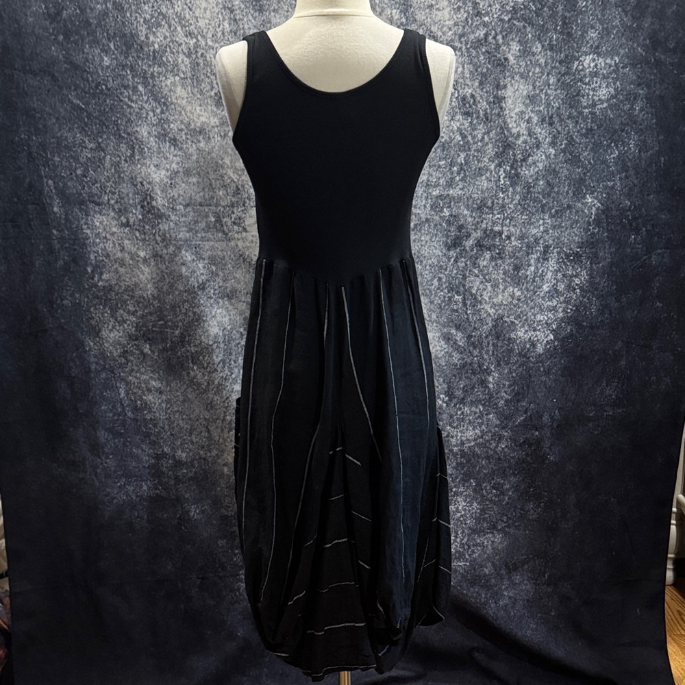 Inizio Black & White stripe Sleeveless Linen Midi Dress - Picture 4 of 6